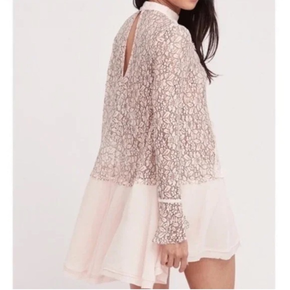 Free People Tell Tale Keyhole Gauzy Eyelash Lace Trapeze Dress in Pearl L - Picture 6 of 16